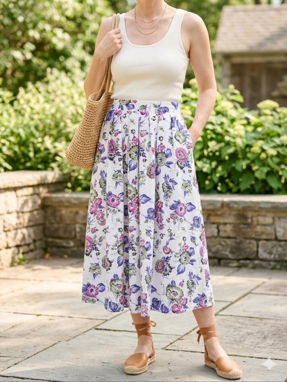Vintage Mr. K Floral Rayon Pleated Midi Skirt Cottagecore Feminine Fits M/L